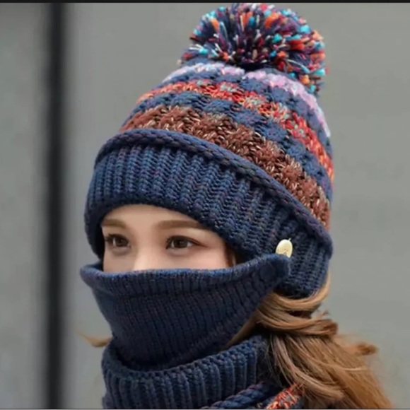 Navy Blue Winter Pompom Beanie Hat with Warm Fleece Lined Gaiter Scarf Face Mask - Picture 1 of 5